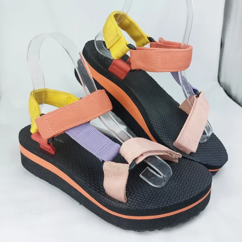 Time & Tru Girls‎ Platform Hook Loop Sandals Colorful Size 5.5-6 (Estimate)